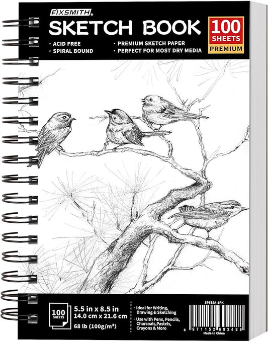 fixsmith 5.5"x8.5" sketch book | 100 sheets (68 lb/100gsm) sketchbook| acid free drawing paper | spiral bound artist sketch pad | for kids, beginners, artists & professionals | bright white