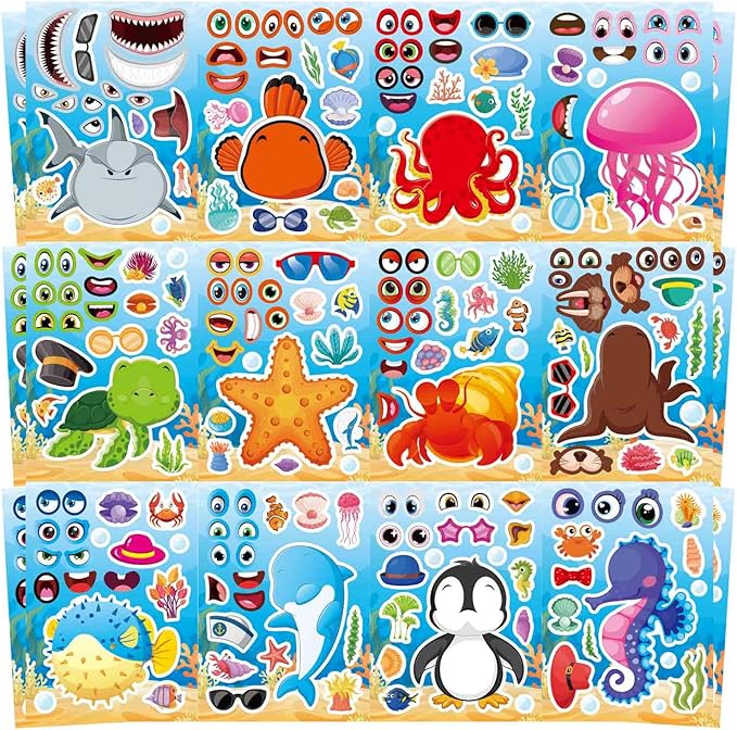 24 sheets ocean animal stickers for kids, make a face sticker, make your own sea animal stickers for kids activities supplies crafts, ocean sea party favors