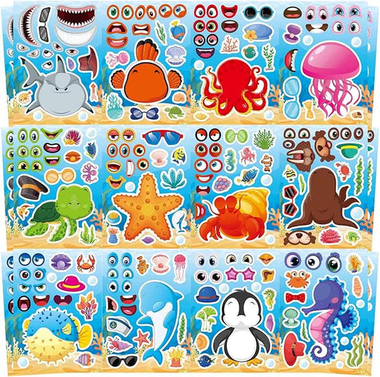 24 sheets ocean animal stickers for kids, make a face sticker, make your own sea animal stickers for kids activities supplies crafts, ocean sea party favors