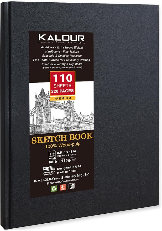 Kalour Hardcover Sketch Book,8.5“x11,Pack of 2, 220 Sheets (68lb/110gsm),Acid Free Art Sketchbook, Artistic Drawing Painting Writing Paper for Kids Adults Beginners Artists