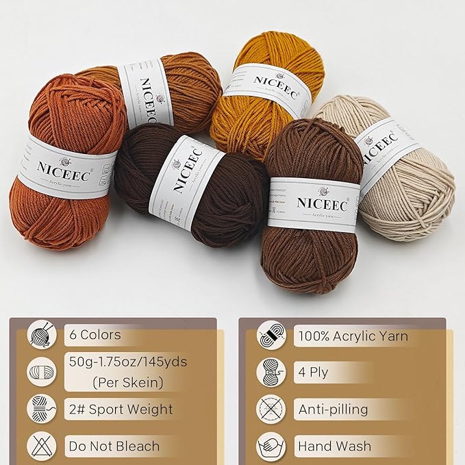 NICEEC 300g Soft Assorted Colors Yarn - Sport Weight,100% Acrylic, 4 Ply, Bonbons Yarn for Crochet & Knit, DIY Project Starter Kit for Kids or Adults(Total 870yds) - Brown Series