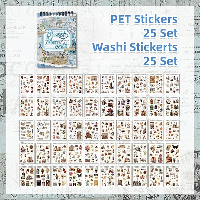 Uideyvi Sweet Series Sticker Scrapbooking Supplies for Junk Journal, 25 Sheets Washi Stickers and 25 Sheets PET Stickers(TZ-010-004)