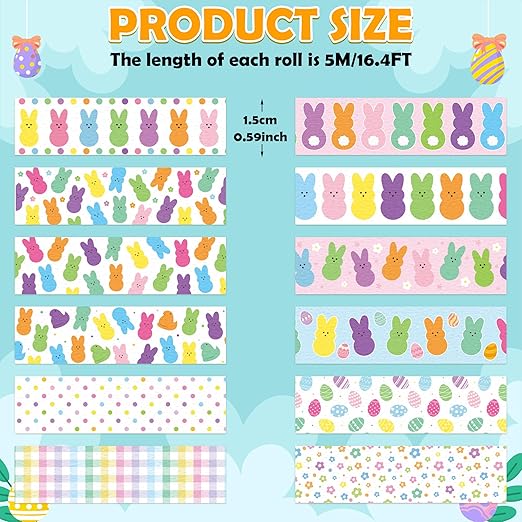 Easter Bunny Washi Tape - 12 Rolls Little Pastel Marshmallow Rabbit Designs, Residue Free, Easy Tear Paper for Spring Scrapbooking, Gift Wrapping, Holiday Card Making & Classroom Crafts