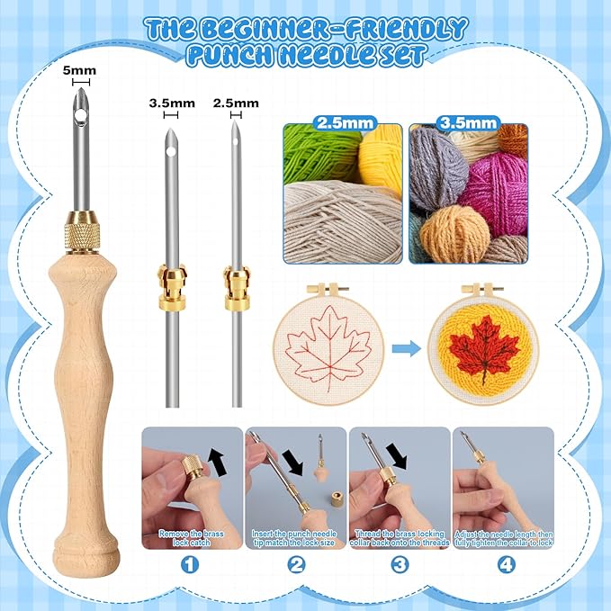 35Pcs Punch Needle Kit Adult Beginner, Adjustable Punch Needle Tool with Different Size Needles & Storage Case, Wooden Handle Embroidery Pen Set for Gifts, Decoration & DIY Craft Project