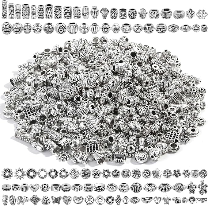 500 Pcs Bracelet Spacer Beads, Silver Bulk Random Styles Loose Spacer Metal Charm for Necklace, Earring Making DIY Jewelry Accessories