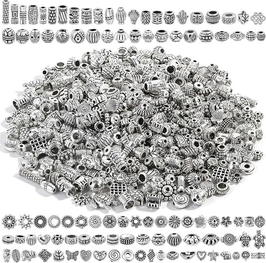 500 Pcs Bracelet Spacer Beads, Silver Bulk Random Styles Loose Spacer Metal Charm for Necklace, Earring Making DIY Jewelry Accessories