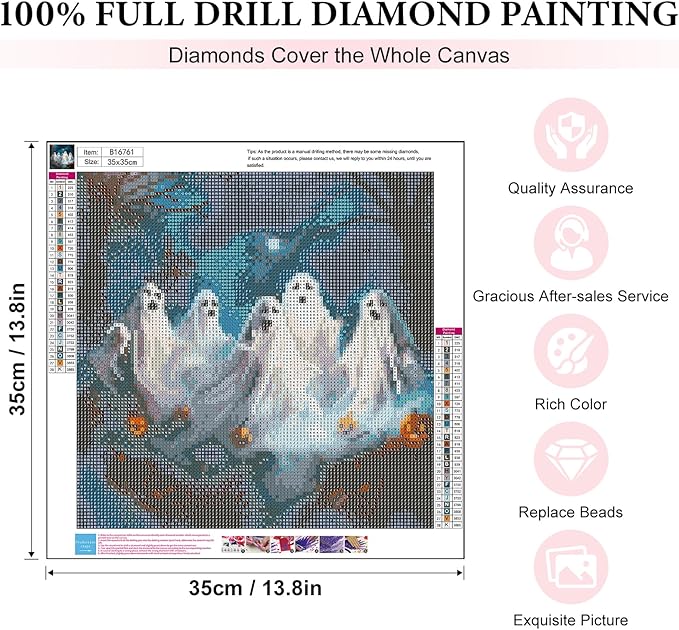 Yezavesu Halloween Diamond Art Kits for Adults, Ghost Diamond Painting Kit for Beginners, Pumpkin 5D DIY Round Full Drill Painting with Gem Art Craft Kits for Home Wall Decor 14x14 Inch