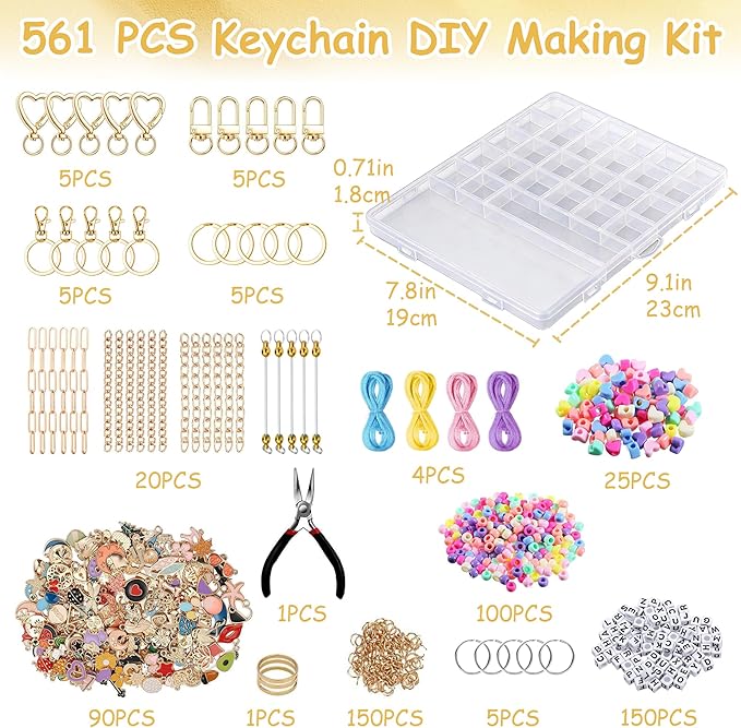 561PCS Keychain Making Kit ,Lipgloss Holder Keychain Charm Bracelet Making Kit Lip Gloss Charms Keychain Charms with Extender Chains, Jump Rings, Lobster Clasps with Organizer Box for DIY Crafts