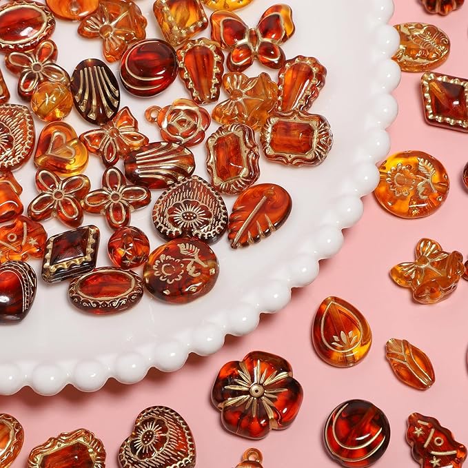 7.5 OZ Assorted Vintage Acrylic Beads for Jewelry Making, Song Xi Unique Flower Rose Czech Beads for Bracelet Earrings, Bohemia Style, Bulk, Arts and Crafts, DIY Holiday Gift (240-260 PCS, Amber)
