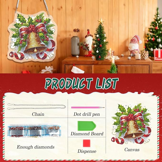 EMIEAUFG Christmas Diamond Art Hanging Kit for Adult, Xmas Bell Diamond Art Pendants, Double Sided Acrylic & 5D Special Shaped Rhinestone, Christmas DIY Ornament for Window Home Wall Decor