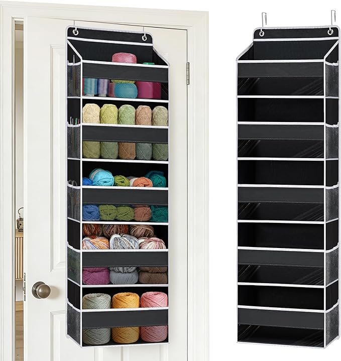 Hanging Yarn Storage Organizer, Large Capacity Knitting Organizer Storage & 5 Mesh Side Pockets, Over the Door Organizer for Crochet Accessories & Knitting Supplies,Black