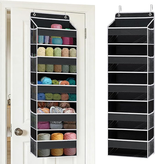 Hanging Yarn Storage Organizer, Large Capacity Knitting Organizer Storage & 5 Mesh Side Pockets, Over the Door Organizer for Crochet Accessories & Knitting Supplies,Black