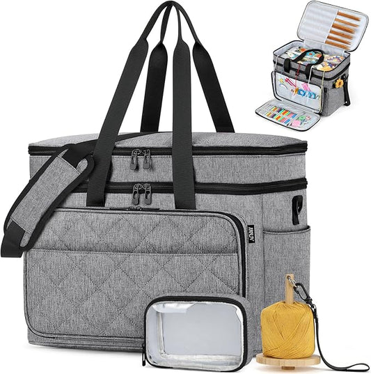 IBFUN 3PCS Crochet Bag with Wrist Yarn Holder, Large Yarn Storage Tote Waterproof Knitting Bag Organizer with Adjustable Strap for Hooks, Needles (Up to 14"), Accessories, Crochet Lovers, Tangle-Free