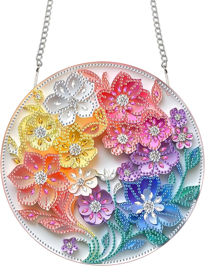 Bimkole Colorful Flowers Diamond Art Hanging Kit for Adult, DIY 5D Diamond Art Stamens Window Pendant, Acrylic Crystal Art Hanging Ornament Home Wall Garden Front Door Sign Outdoor Decor 7.8x7.8 Inch