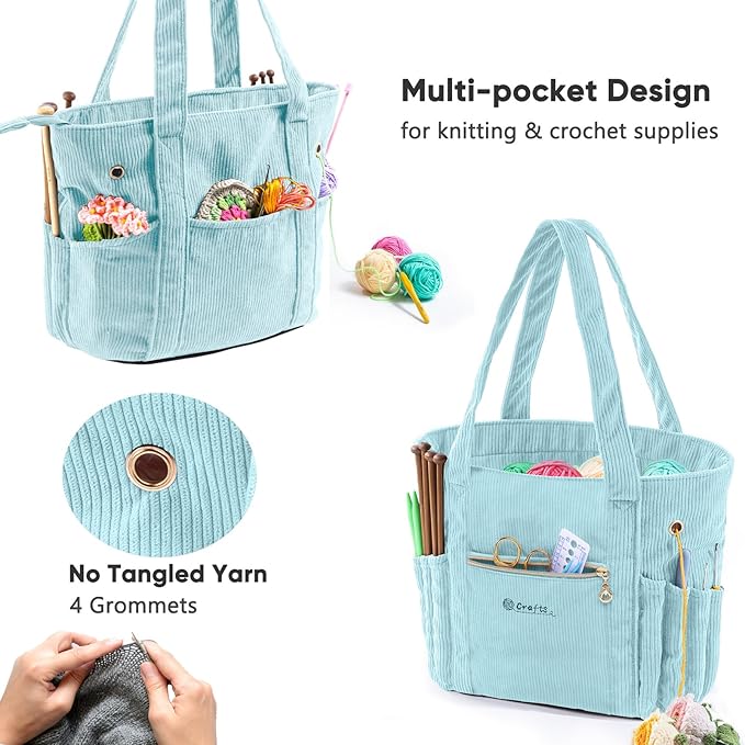 Corduroy Crochet Bag 11.5" Large Yarn Storage Tote with Grommets, Needle Holders – Knitting Bag Organizer for Crochet Hooks, Accessories, Tools & Projects –Gift for Knitters & Crafters