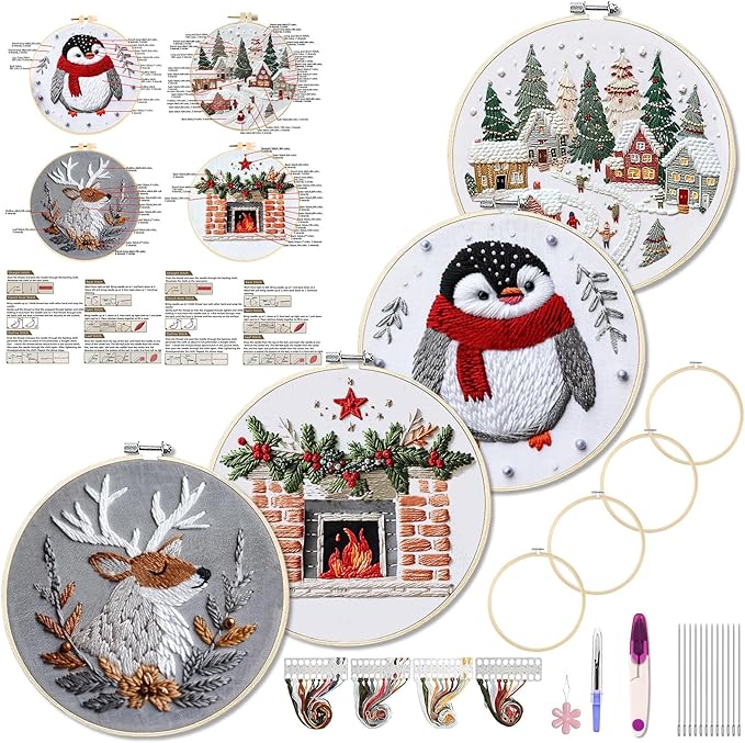 wkalxj 4 sets embroidery kits for beginners adults, cross stitch kits, needlepoint kits with instruction, video, needle point kits with resort penguin fireplace elk patterns (4 sets d)