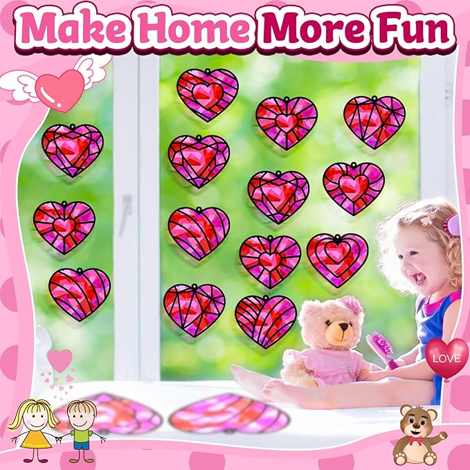 32 Sets Valentines Suncatchers Craft Kit DIY Heart Window Stained Glass Effect Paper Pink Love Home School Classroom Decoration Valentines Art Craft Creative Activity Project Kid Gift Favor