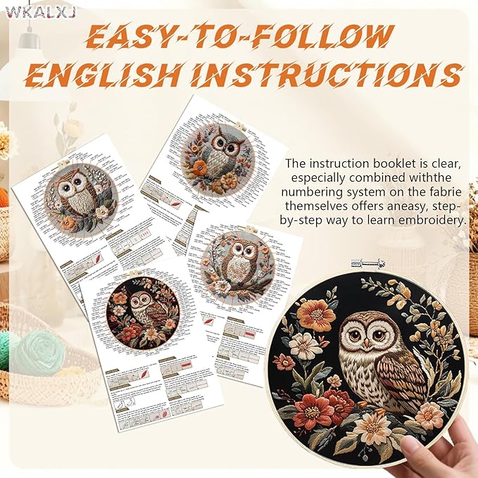 wkalxj 4 sets owl embroidery kit - 8.2" hoops, embroidery kit for beginners to advanced, cross stitch kits, needlepoint kits with instruction, video, needle point kits (advanced owl set)