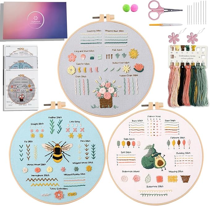 Jyphorixal Embroidery Kit for Beginners Adults Cross Stitch Starter Kit Needle Point Supplies 33 Basic Stitches in 3 Set, DIY Craft Lover Starter Hand Stitch (Flower)