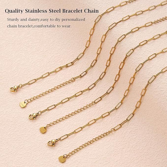 KYUNHOO 10 PCS 6.3 Inches Stainless Steel Paperclip Bracelet Chains Bulk Gold Plated 3MM Wide Paper Clip Chain for Jewelry Making with Extender