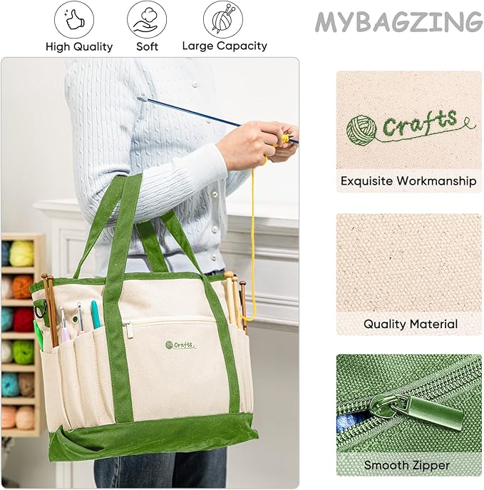 Canvas Yarn Storage Organizer Bag Washable Crochet Bag with Pockets for Yarn, Hooks, Needles – Travel Knitting Tote for Crafters – Gift for Crocheters & Knitters (Medium/Large)