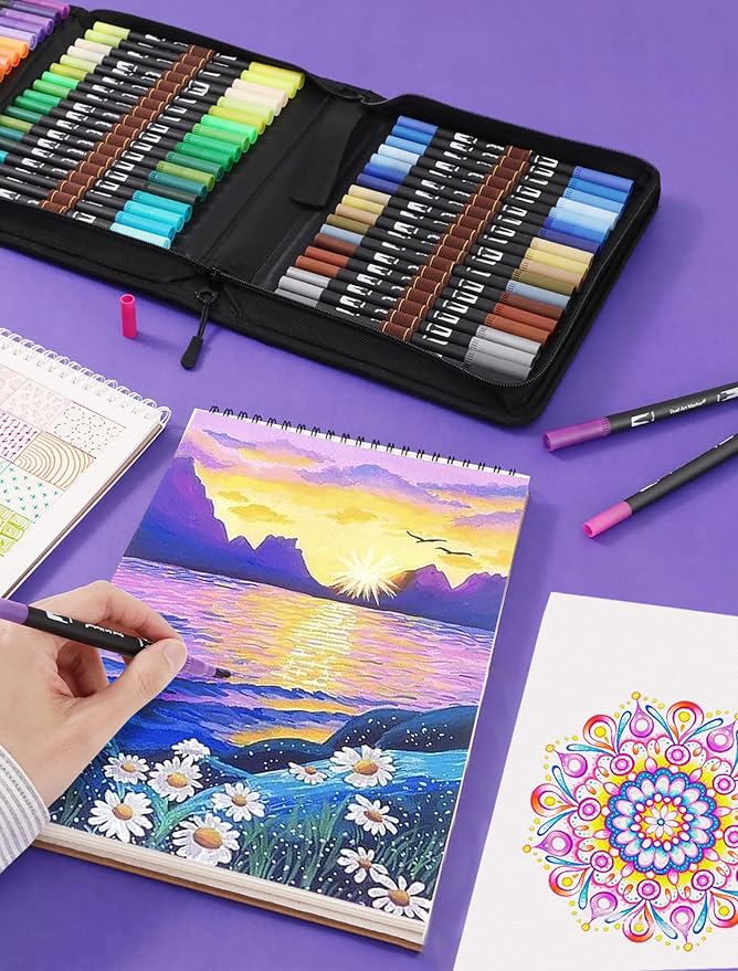 Art Markers Pens Dual Tip Coloring Markers Set with Brush & Fine Nib for Adult Coloring Book Brush Pens Professional Calligraphy & Drawing Art Supplies Kit for Adults (72 Colors)