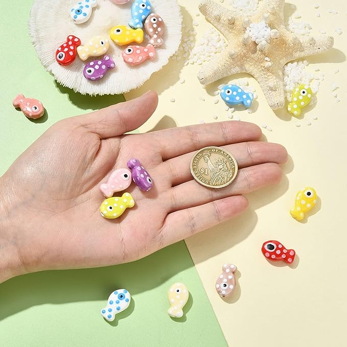 20Pcs Polka Dot Fish Ceramic Porcelain Beads for Jewelry Making 10 Colors Ocean Sea Beach Animal Spacer Beads for DIY Necklaces Earrings Bracelets Keychains Jewelry Findings Accessories