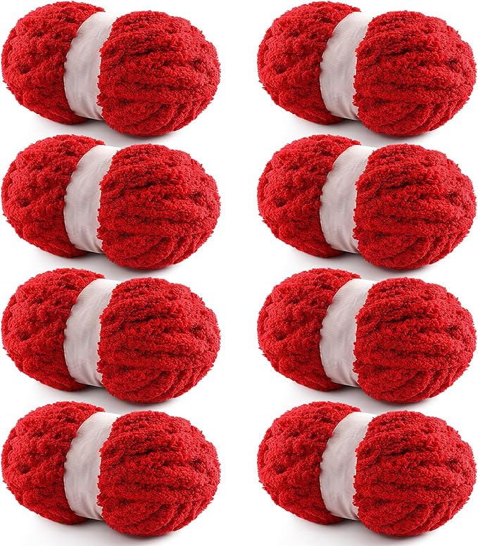 8 Pack Chunky Yarn for Hand Knitting - Chunky Chenille Blanket Yarn for Crocheting - Jumbo Fluffy Yarns for Crochet - Super Bulky Yarns 25 yds 7.7 oz Each Skein (Red)