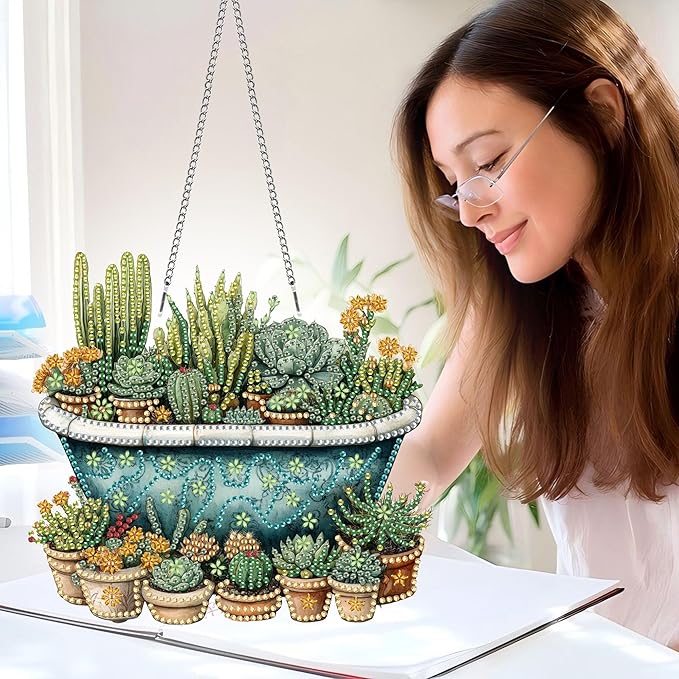 Pavemlo Hanging Diamond Art Kits for Adults Cactus – 8x8 Inch Double-Sided Acrylic Board DIY Crystal Diamond Suncatcher Pendant, Sparkling Home Wall or Window Decoration Handmade Gift