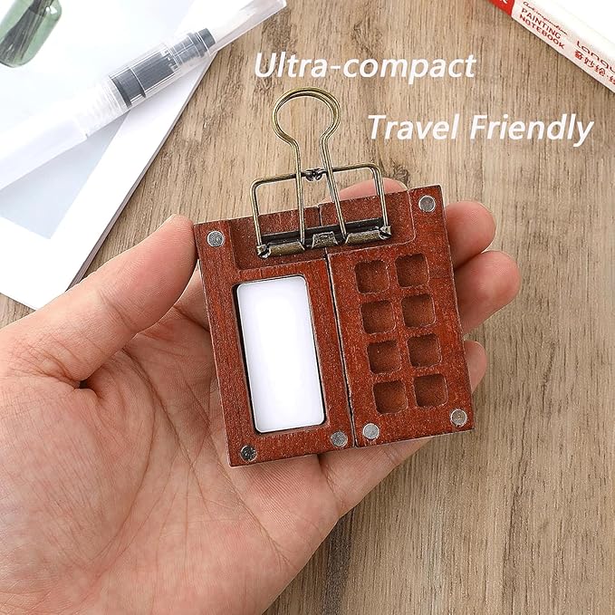 Pocket Artist Watercolor Travel Set, with 1 Walnut Wood Portable Palette (8 Grids), 12 Vibrant Paints, 2 Sketch Books, 6 Brush Pens, Mini Watercolor Paint Set for Artists, Outdoor or Urban Sketchers