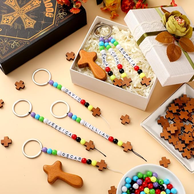 Landical 564 Pcs DIY Wood Cross Keychain Making Kit Easter Key Chain Craft Christian Name Bead Sunday School Gospel Religious Jewelry Party Favor Vbs Church Easter Gift for Adult(Wood Color)