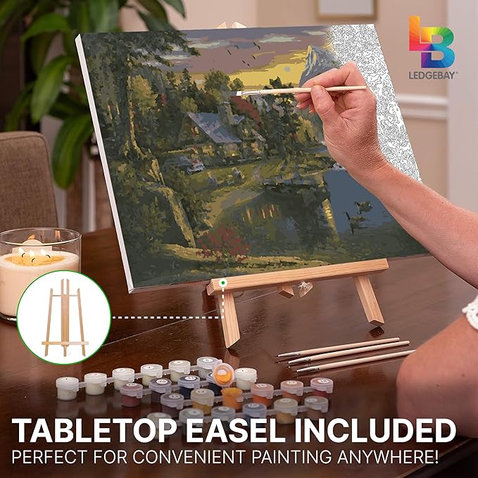 Ledgebay DIY Paint by Numbers Kit for Adults Framed Canvas Beginner to Advanced Paint by Numbers Kit Kits Include Acrylic Paint Set Brushes Tabletop Easel (Mountain Paradise 16" x 20" Framed)