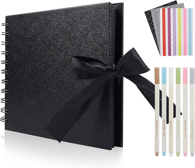 60 Pages Small Scrapbook Album with 6 Metallic Markers, 8.5 x 5.9 Inches Black Paper Photo Album for Wedding Anniversary, Family DIY Scrapbook Accessories