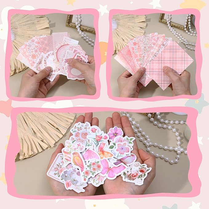 TIESOME 100pcs Vintage Floral Scrapbook Paper and Journaling Stickers Assorted Set, Memo Labels for Junk Journal Planner Collage Card Album Decor(Pink)