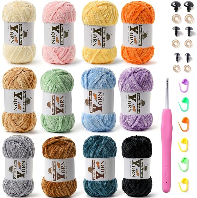12 Pack Multicolor Crochet Yarn, Fluffy Chunky Chenille Yarn for Crocheting, Fuzzy Velvet Yarn for Crochet Kit, Baby Yarn for Crocheting Soft Amigurumi Yarn Set B (100g/87yds Each)