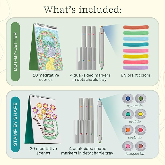 Lifelines FlowArt Activity Pads, 2-Pack & Bonus Pad - Guided Dot Art Meditations - 8 Double-Sided Markers & 48 Scenes - Dot-by-Letter & Stamp-by-Shape Coloring Books for Tweens, Adults & Seniors