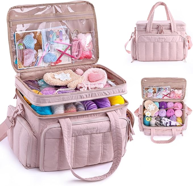 MYBAGZING Large Knitting & Crochet Bag Organizer for Yarn Storage, Double-Layer Knitting Project Bag with 6 Grommets, Yarn Organizer Tote for Knitting Supplies Crochet Hooks & Accessories Gift for Mom