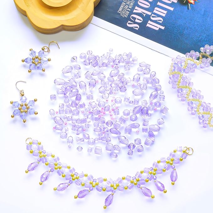 1500 Pcs Crystal Glass Beads for Jewelry Making – 12 Styles Bicone, Rondelle, Cube, Teardrop & 3mm Spacer Beads, DIY Bracelet Necklace Earring Craft Kit with Organizer Box(Light Purple)
