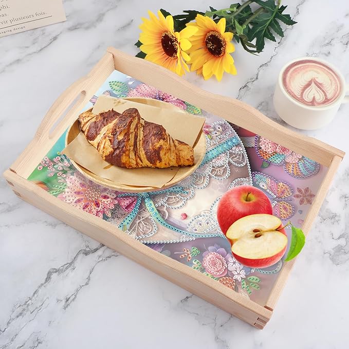 5D Diamond Art Tray with Handle for Adults DIY Diamond Art Plate Kits Beautiful Flower Heart Picture Diamond Art Painting Dinner Plate for Coffee Living Room Home Organizer Parties Family Gatherings