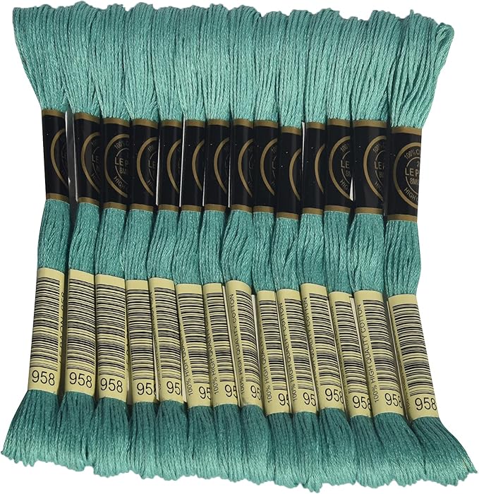 LE PAON Embroidery Floss, 14-Pack Six Strands 100% Long Staple Cotton Embroidery Thread, 8.7-Yard，Color Number：958, Dark Seagreen