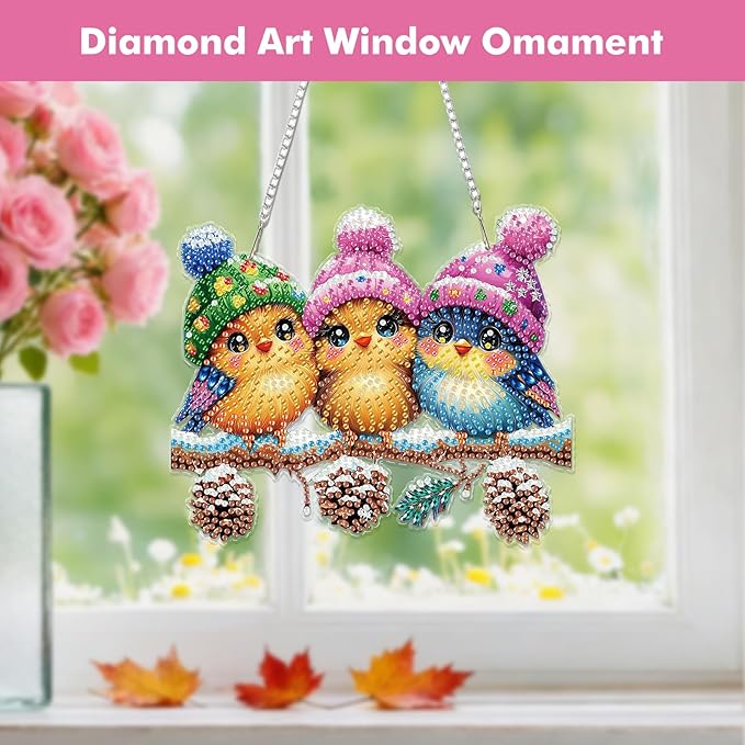 Miwixy Christmas Hanging Diamond Art Kits for Adults,Cute Birds Winter Special Shaped Crystal Christmas Diamond Painting Ornament Kit DIY Double-Sided Pattern Window Pendant Gem Art Home Wall Decor