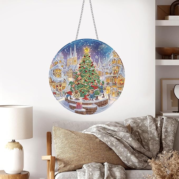 Pavemlo Hanging Diamond Art Kits for Adults Christmas Tree – 8x8 Inch Double-Sided Acrylic Board DIY Crystal Diamond Suncatcher Pendant, Sparkling Home Wall or Window Decoration Handmade Gifts