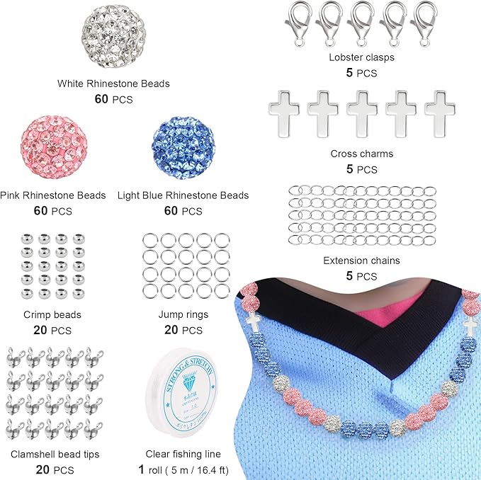 256Pcs Rhinestone Beads 10mm Kit for Jewelry Making, 3 Colors Round Disco Ball Beads Set with Cross Charms and Accessories for DIY Baseball Necklaces Bracelets Earrings Crafting