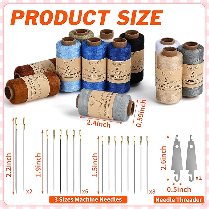 bymore 30 pcs sewing thread kit, 12 colors 400 yards per polyester thread spools with needles and threaders for hand & machine sewing, emergency and travel, diy and home