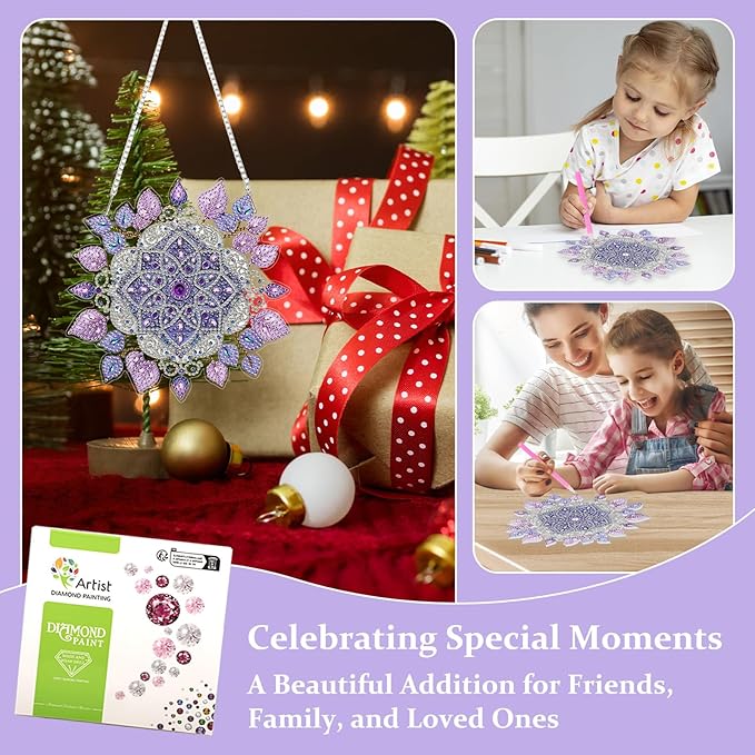 Lxmsja DIY Purple Mandala Diamond Painting Hanging Ornament, Double-Sided Acrylic Mandala Leaves Diamond Art Kit, Special Shaped Suncatcher Hanging Pendant Window Art Kit