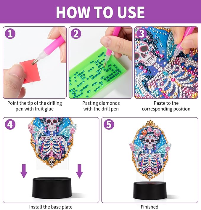 ALKALO Diamond Painting Night Light, Diamond Painting Kits for Adults Desktop Ornaments for Table Tabletop Decor Diamond Art Accessories for Adult Beginner Touch Lamp for Bedrooms Living Room-Skull