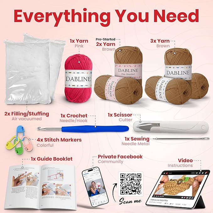 Dabline Crochet Pillow Kit for Beginners – Easy DIY Crochet Starter Kit with Pre-Started Yarn & Step-by-Step Video Tutorials – Learn to Crochet Kit Gift for Women & Men