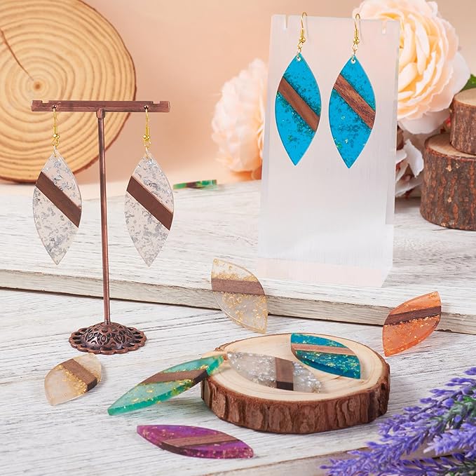 Beadthoven Leaf Natural Wood Earring Charms, 12Pcs/6 Pairs Colorful Clear Leaves Resin Charms with Gold Foil for DIY Dangle Wooden Earring Making Supplies