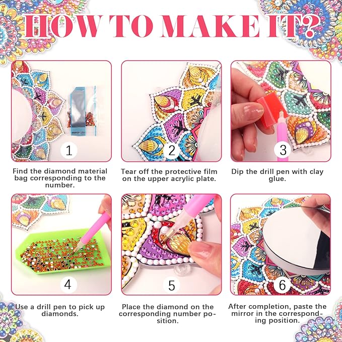 2Pcs DIY Diamond Painting Mirror, Moon Mandala Makeup Mirror, Special Shaped Crystal Suncatcher for Beginner Arts Crafts Gifts Home Decor (10x10 Inch)