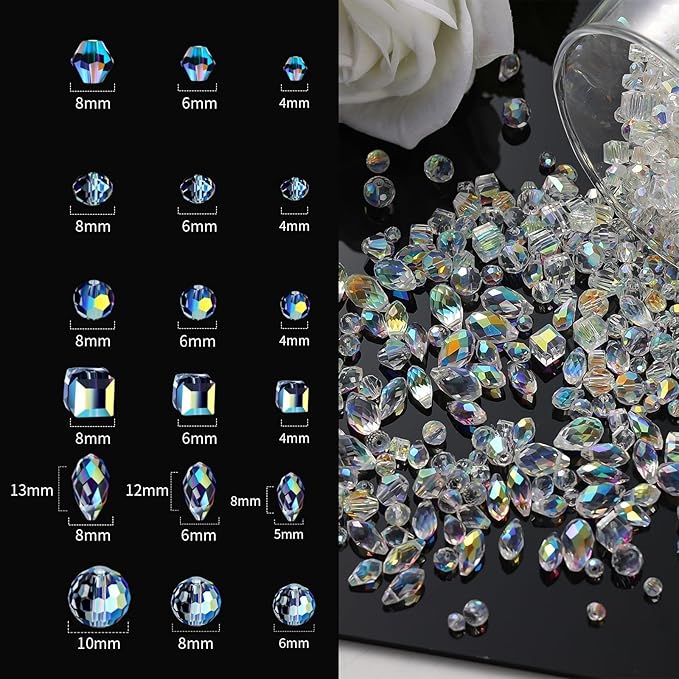 948pcs Crystal Glass Beads for Jewelry Making, Assorted Clear Faceted Crystal Suncatcher Beads for Bracelets Necklace Earring DIY Crafts, New AB Color